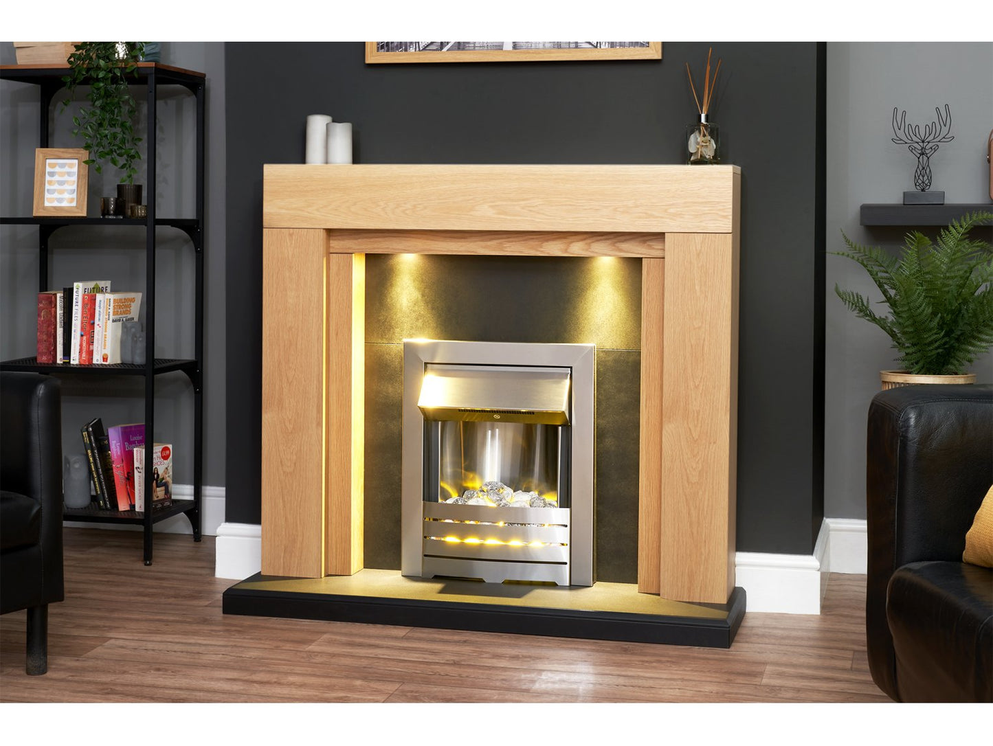 Adam Beaumont Oak & Black Fireplace + Downlights & Helios Electric Fire Brushed Steel, 48"