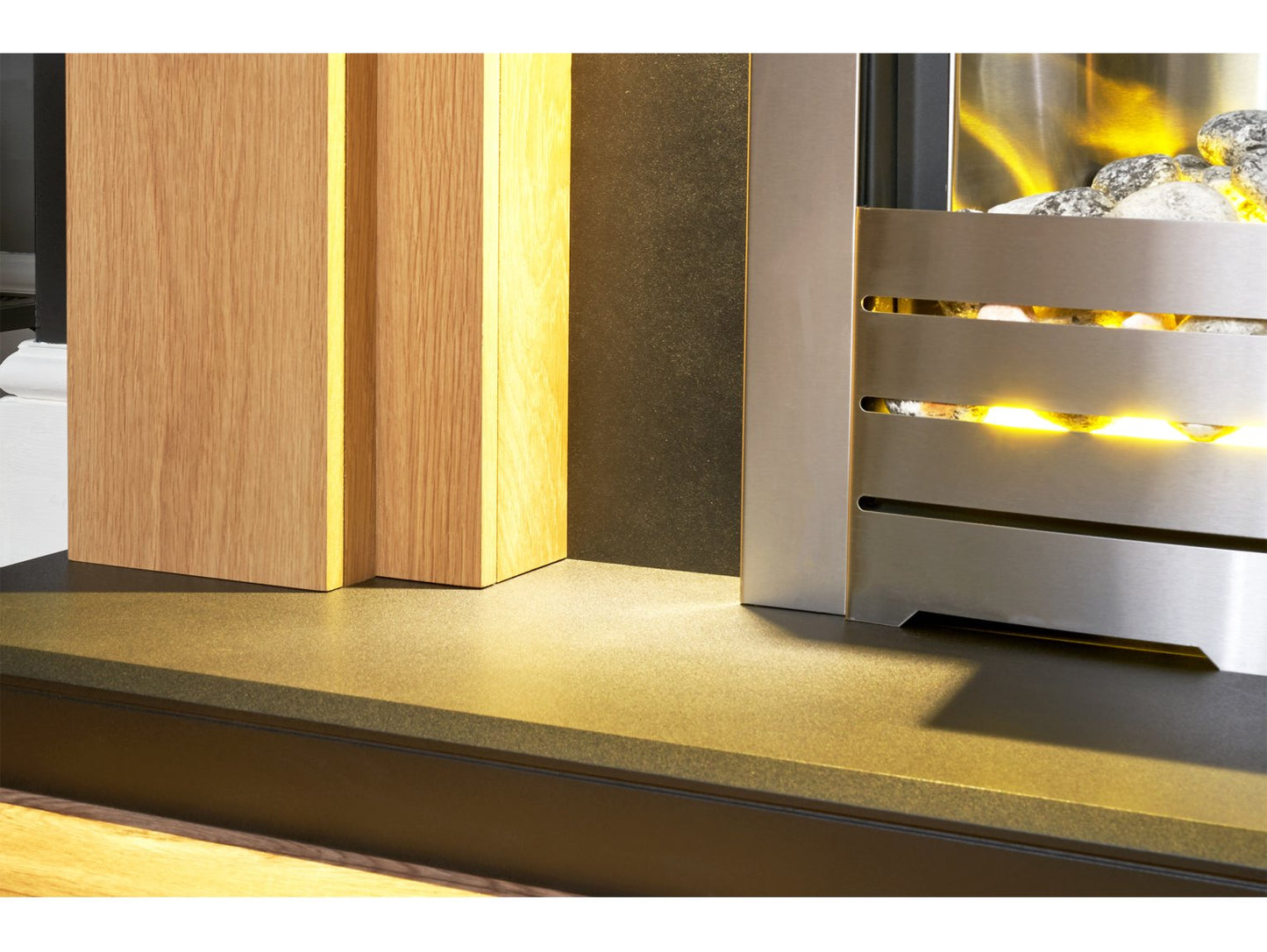 Adam Beaumont Oak & Black Fireplace + Downlights & Helios Electric Fire Brushed Steel, 48"