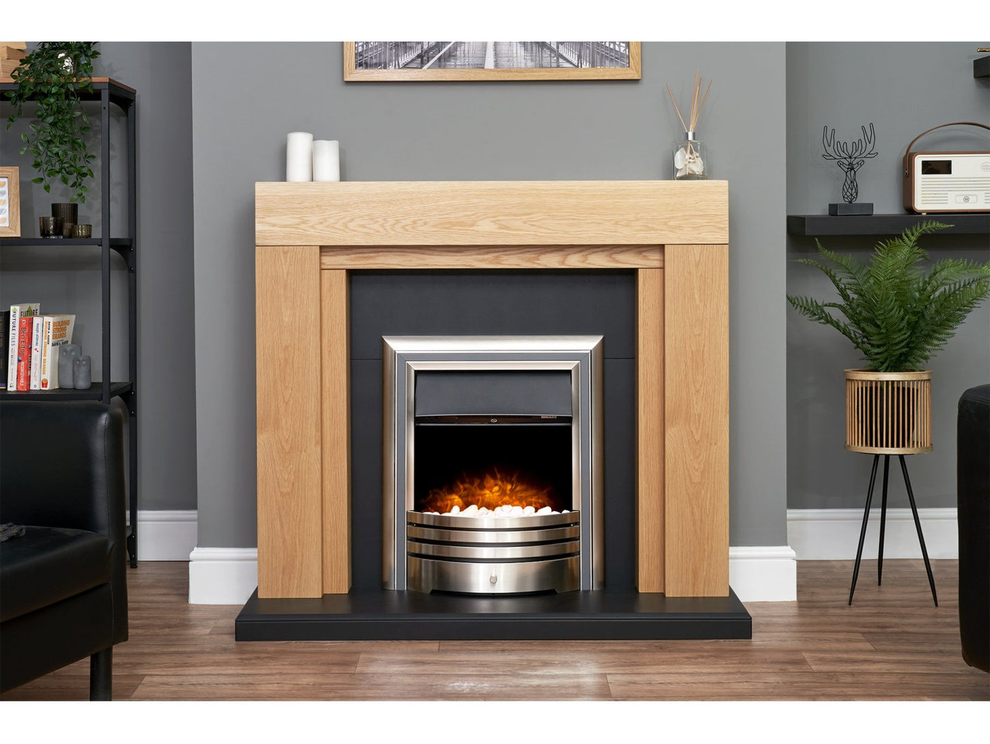 Adam Beaumont Oak & Black Fireplace + Downlights & Astralis 6-in-1 Electric Fire Chrome, 48"