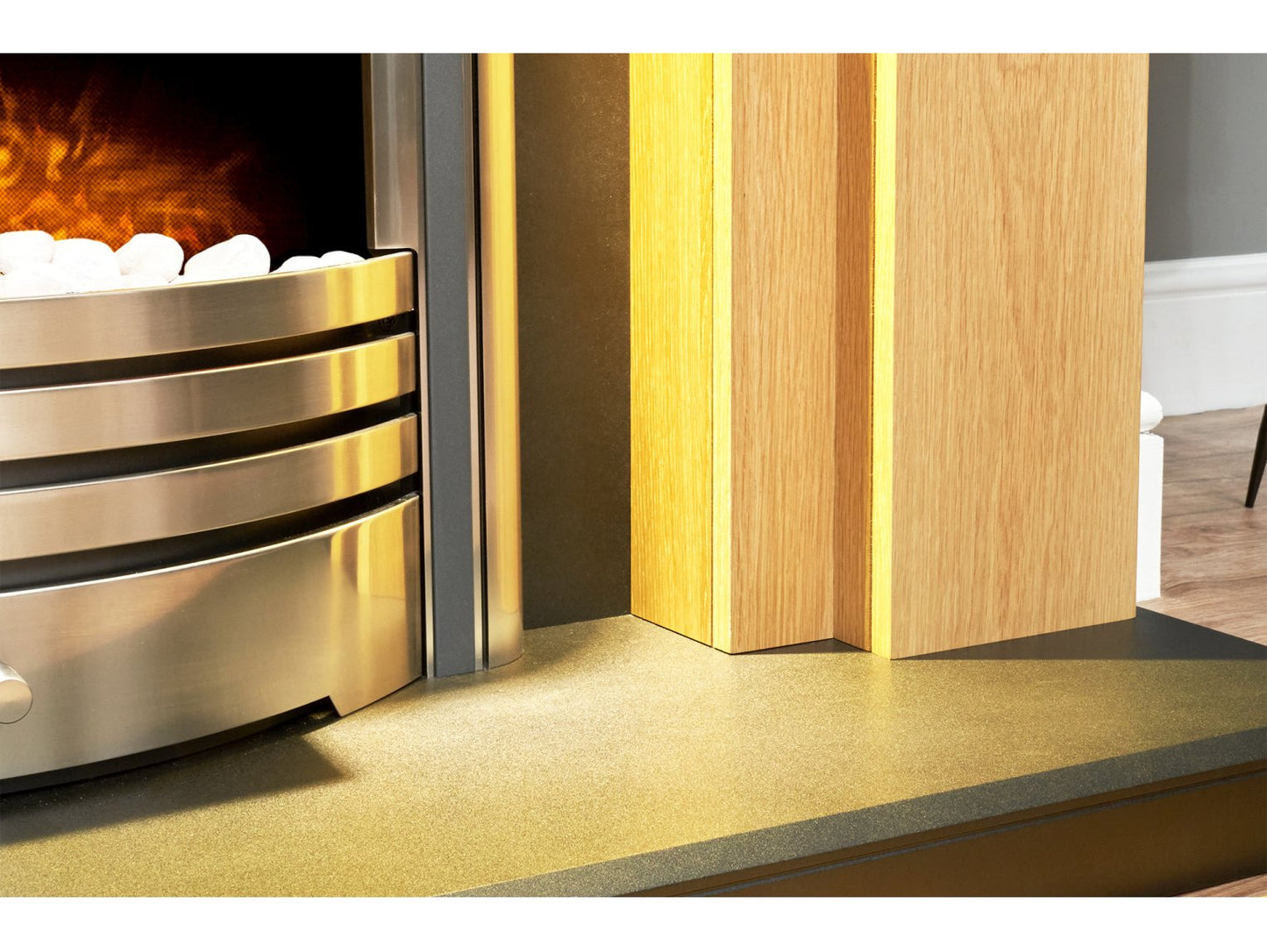Adam Beaumont Oak & Black Fireplace + Downlights & Astralis 6-in-1 Electric Fire Chrome, 48"