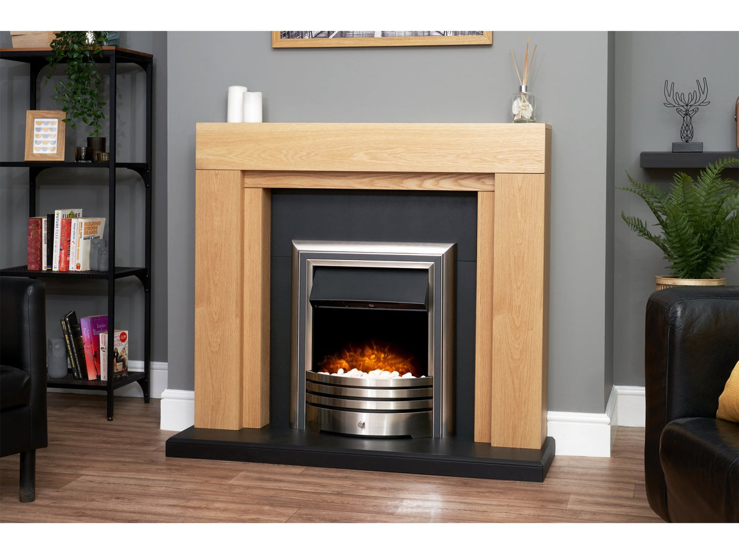 Adam Beaumont Oak & Black Fireplace + Downlights & Astralis 6-in-1 Electric Fire Chrome, 48"