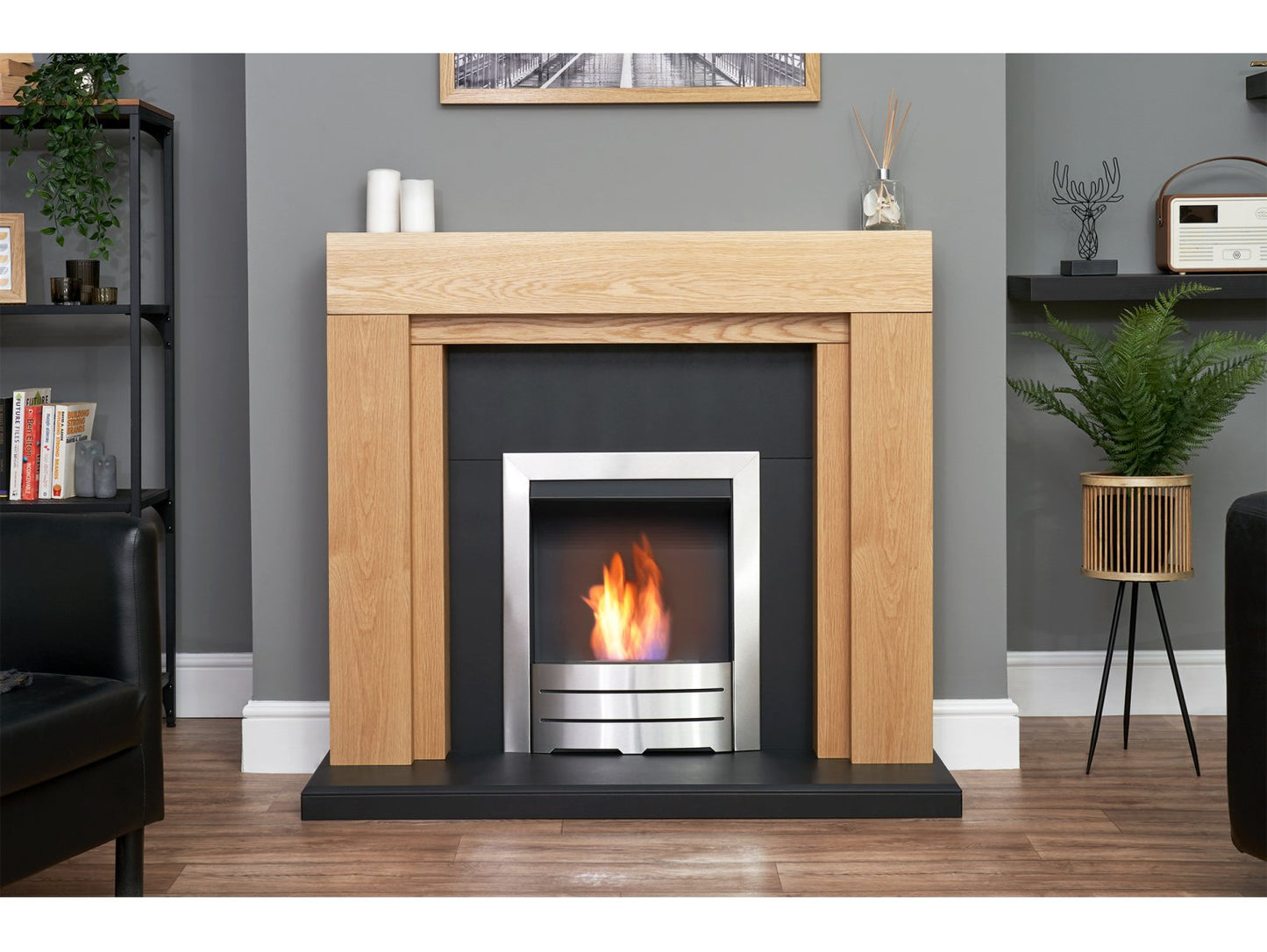 Adam Beaumont Oak & Black Fireplace + Downlights & Colorado Bio Ethanol Fire Brushed Steel, 48"