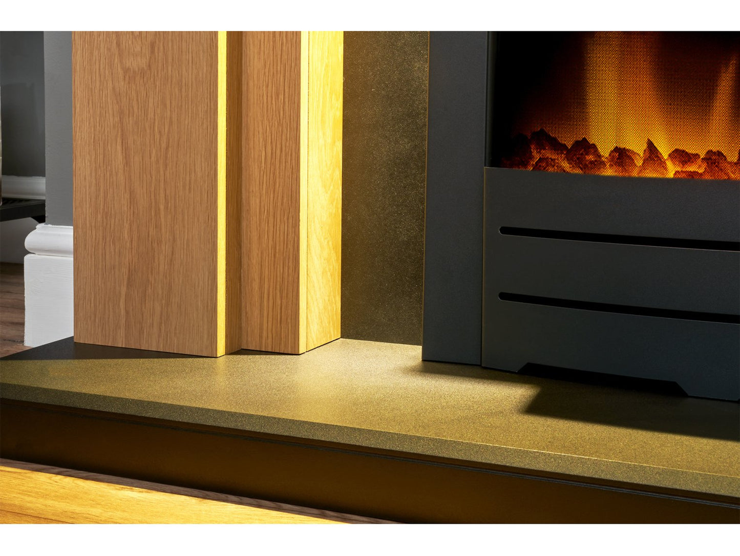 Adam Beaumont Oak & Black Fireplace + Downlights & Colorado Electric Fire Black, 48"