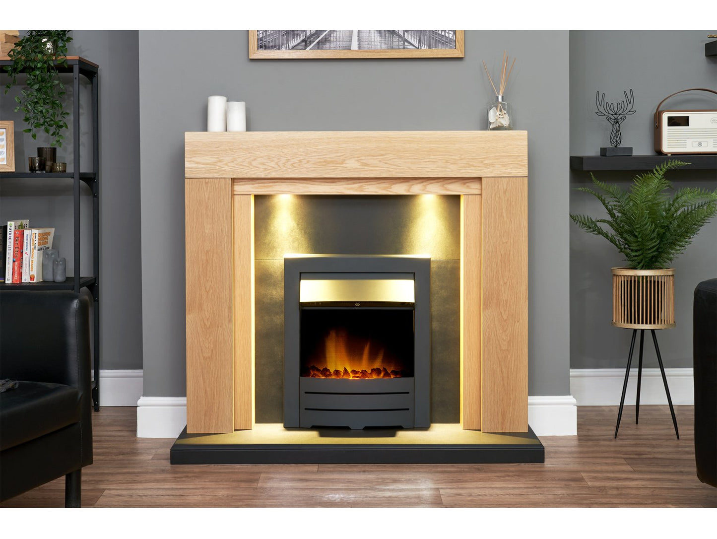 Adam Beaumont Oak & Black Fireplace + Downlights & Colorado Electric Fire Black, 48"