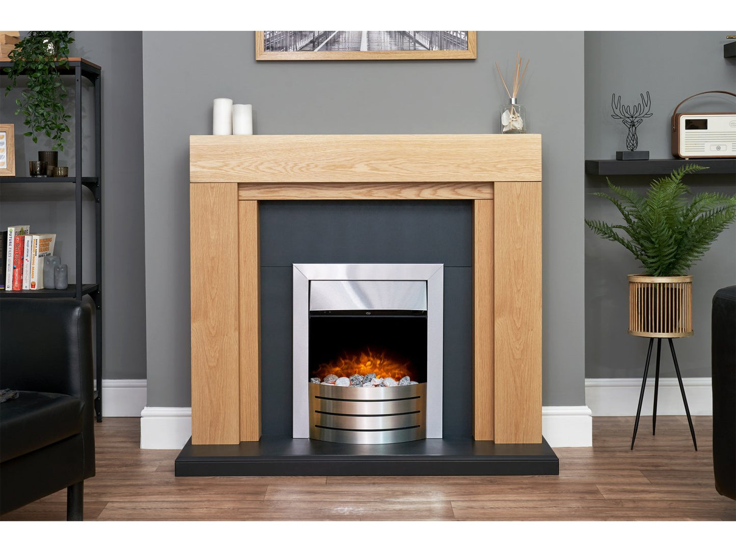 Adam Beaumont Oak & Black Fireplace + Downlights & Comet Electric Fire Brushed Steel, 48"
