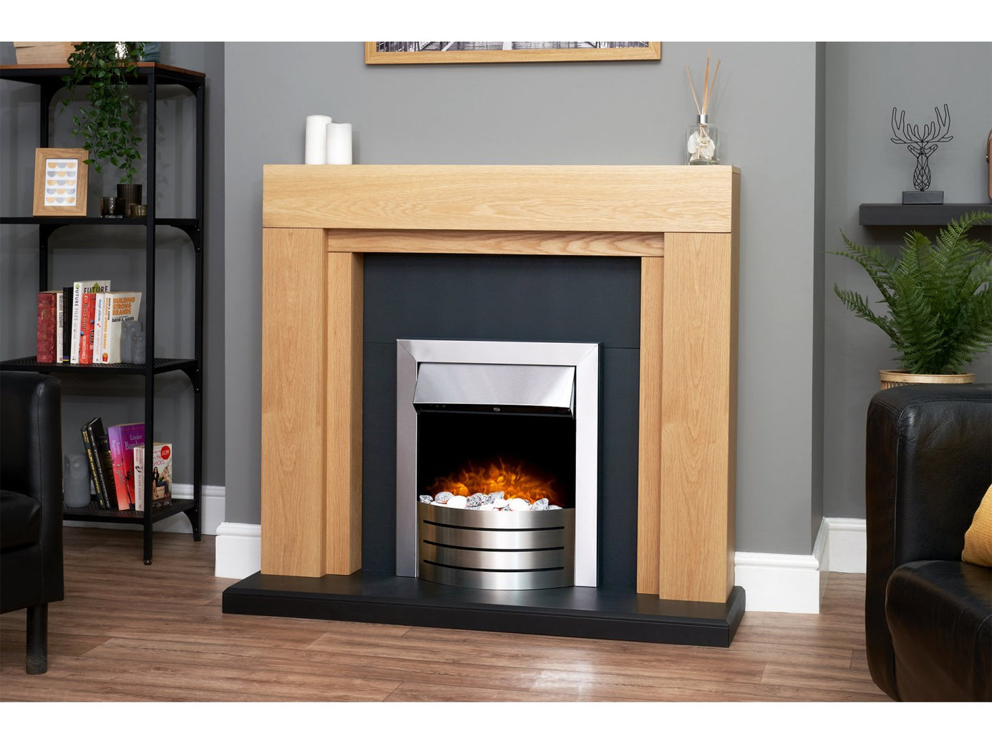 Adam Beaumont Oak & Black Fireplace + Downlights & Comet Electric Fire Brushed Steel, 48"