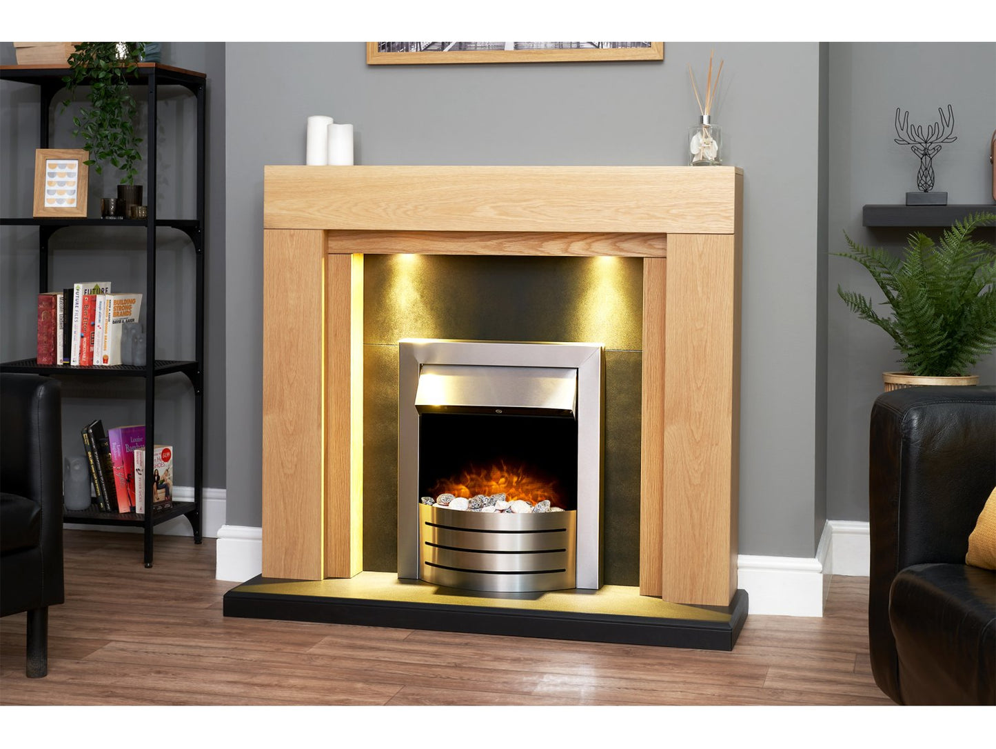 Adam Beaumont Oak & Black Fireplace + Downlights & Comet Electric Fire Brushed Steel, 48"
