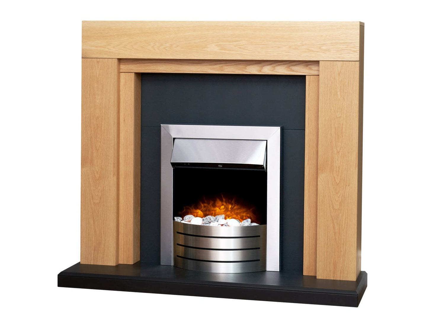 Adam Beaumont Oak & Black Fireplace + Downlights & Comet Electric Fire Brushed Steel, 48"