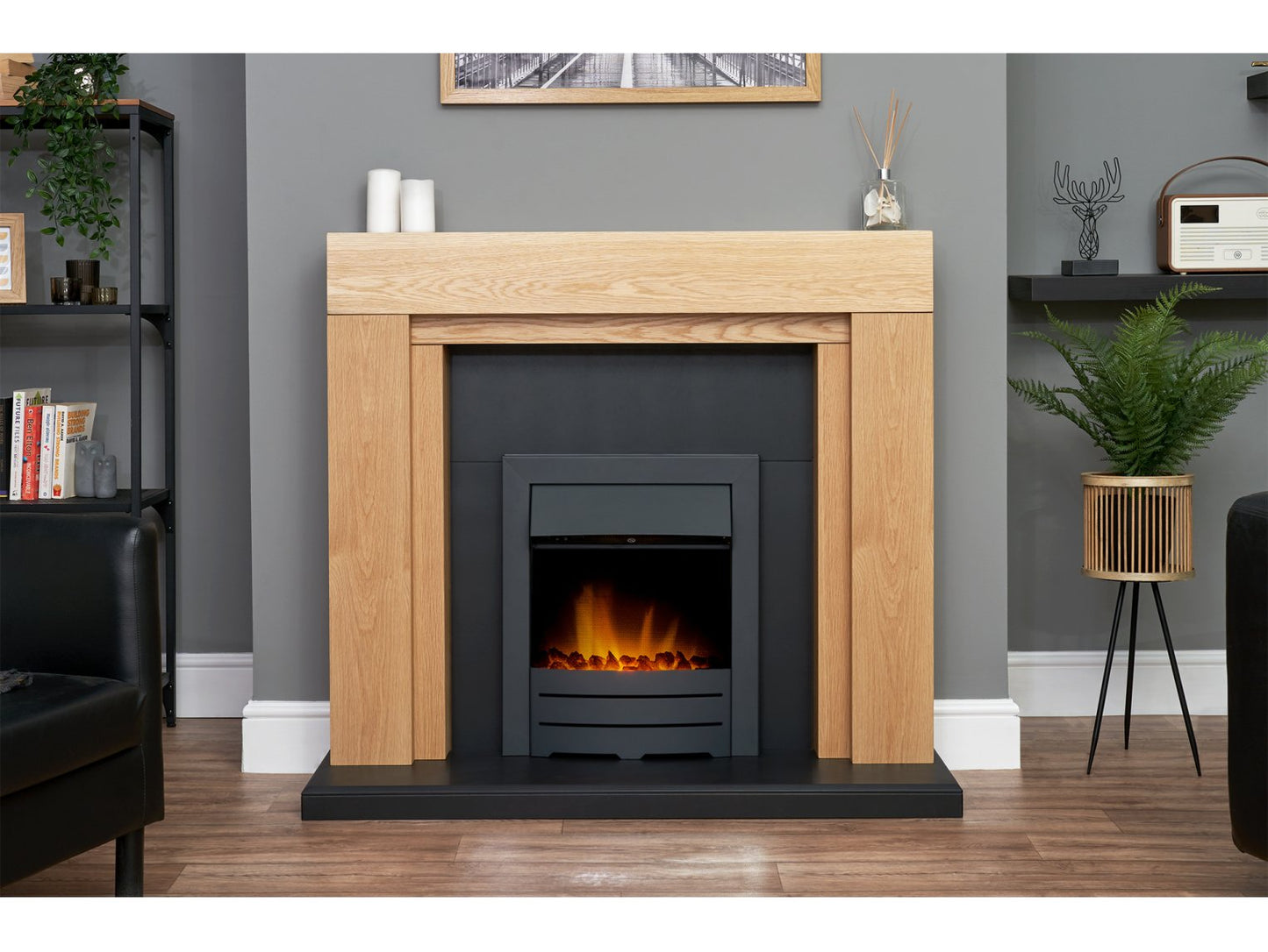 Adam Beaumont Oak & Black Fireplace + Downlights & Colorado Electric Fire Black, 48"