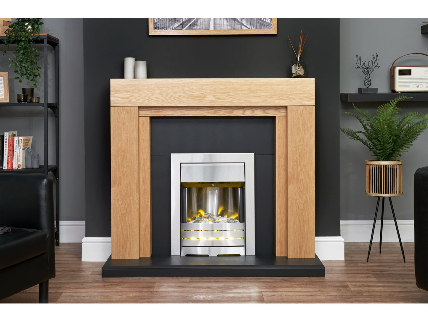 Adam Beaumont Oak & Black Fireplace + Downlights & Helios Electric Fire Brushed Steel, 48"