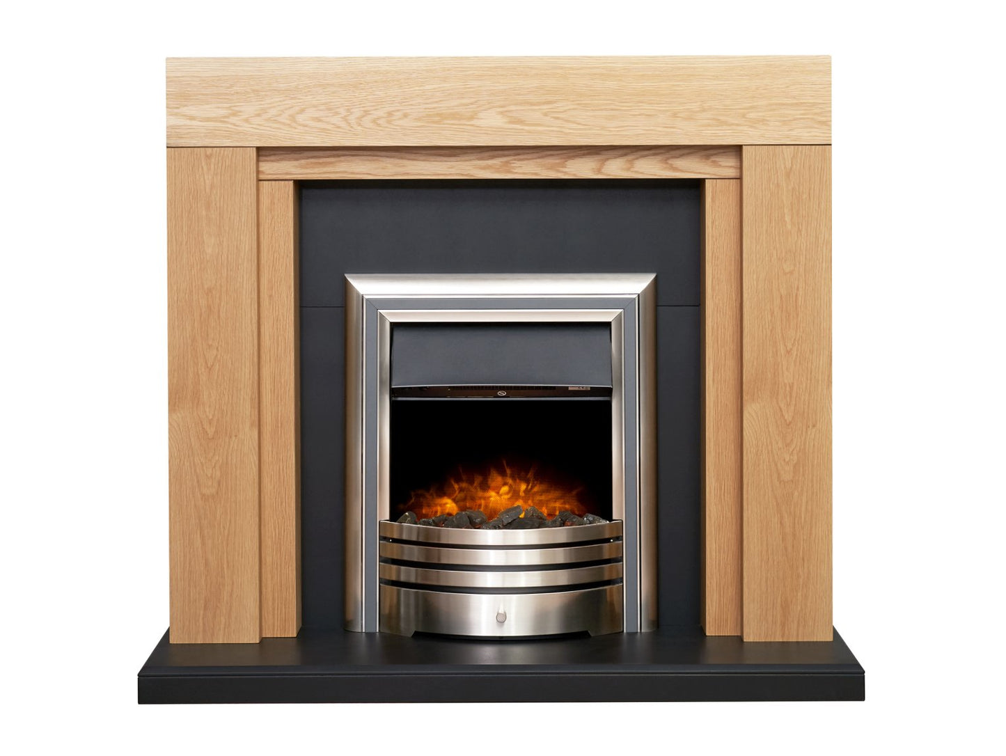 Adam Beaumont Oak & Black Fireplace with Downlights & Astralis 6-in-1 Electric Fire in Chrome, 48 Inch