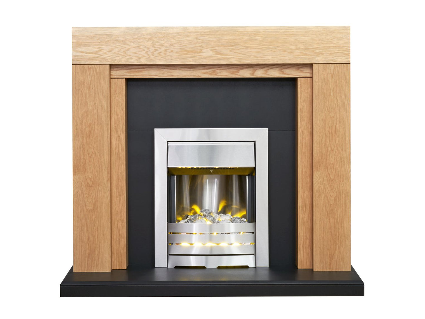 Adam Beaumont Oak & Black Fireplace with Downlights & Helios Electric Fire in Brushed Steel, 48 Inch