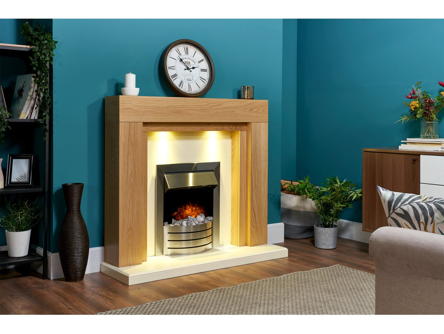 Adam Beaumont Fireplace Suite Oak & Cream + Comet Electric Fire Brushed Steel, 48"