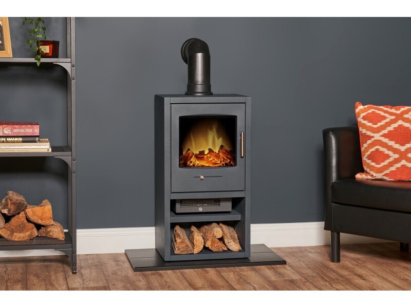 Adam Bergen XL Electric Stove in Charcoal Grey with Angled Stove Pipe in Black
