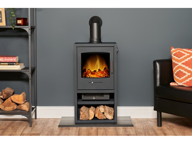 Adam Bergen XL Electric Stove in Charcoal Grey with Angled Stove Pipe in Black