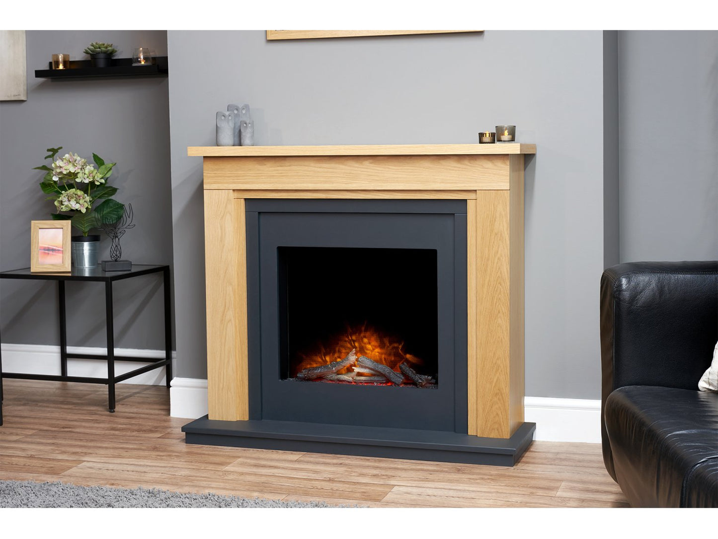 Adam Brentwood Electric Fireplace Suite Oak & Charcoal Grey + Ontario Electric Fire, 43"