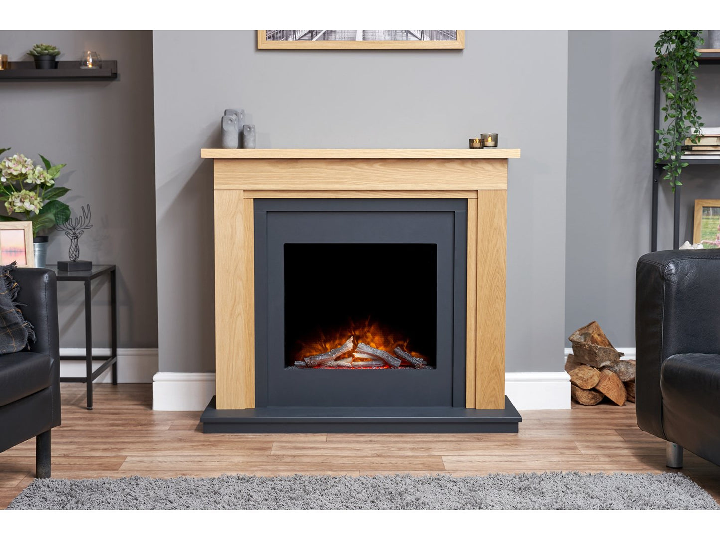 Adam Brentwood Electric Fireplace Suite Oak & Charcoal Grey + Ontario Electric Fire, 43"
