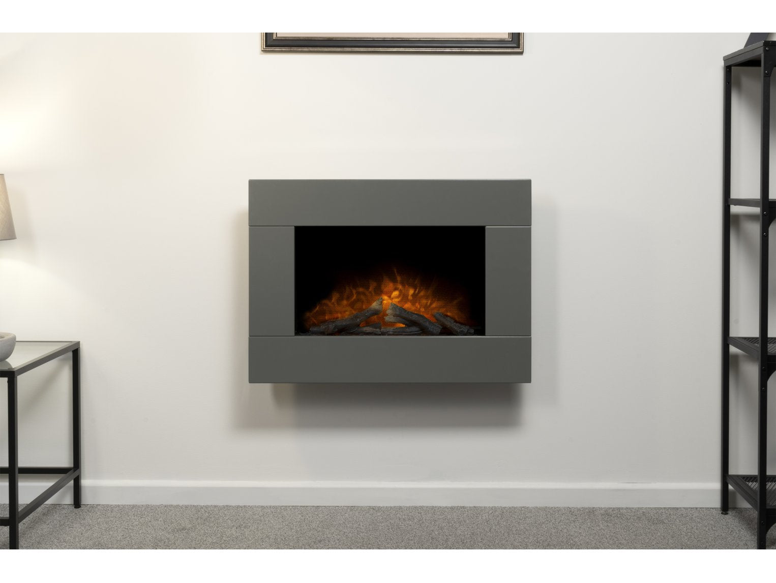 Adam Carina Electric Wall Mounted Fire + Logs & Remote Control Satin Grey, 32"