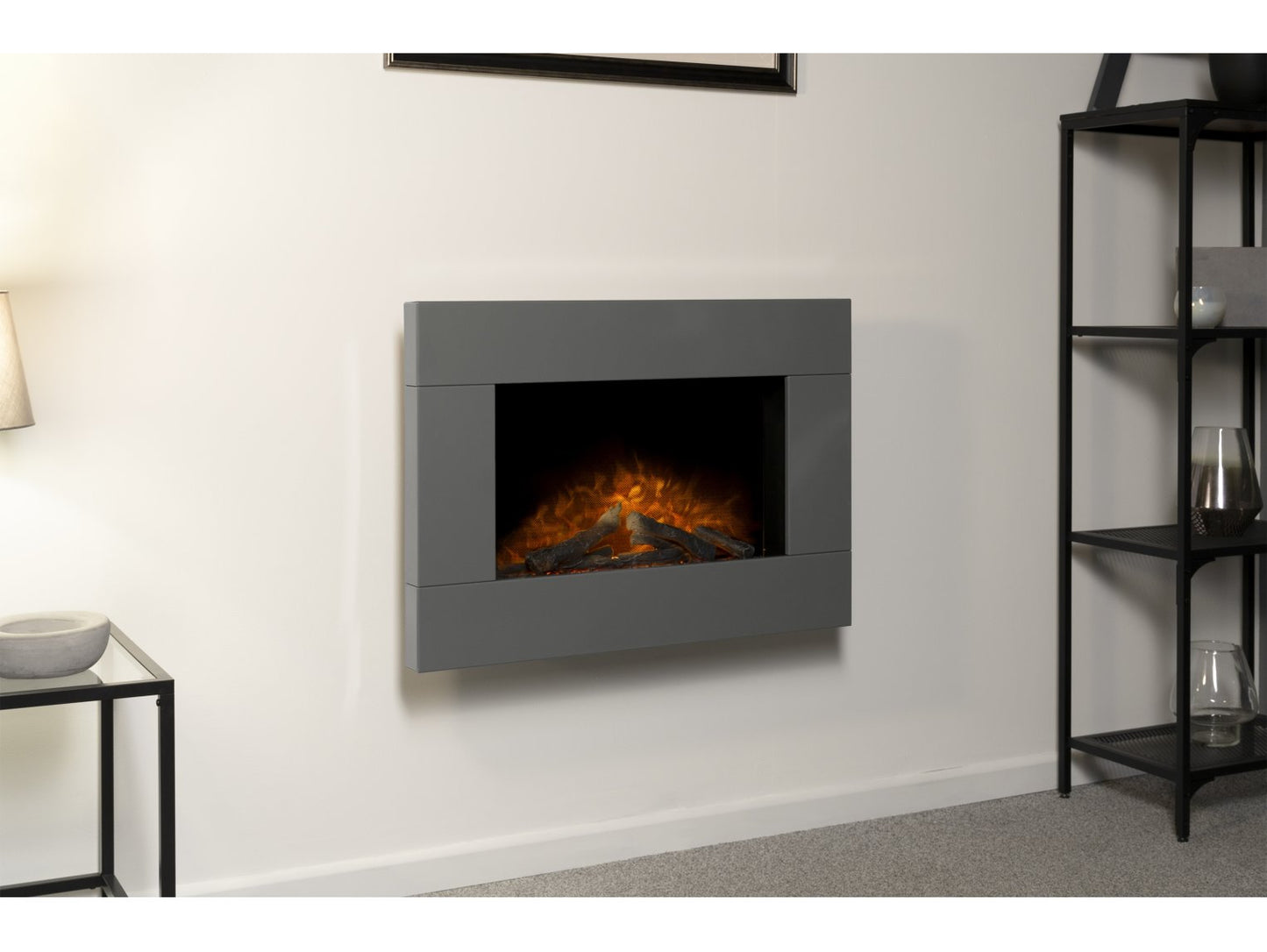 Adam Carina Electric Wall Mounted Fire + Logs & Remote Control Satin Grey, 32"