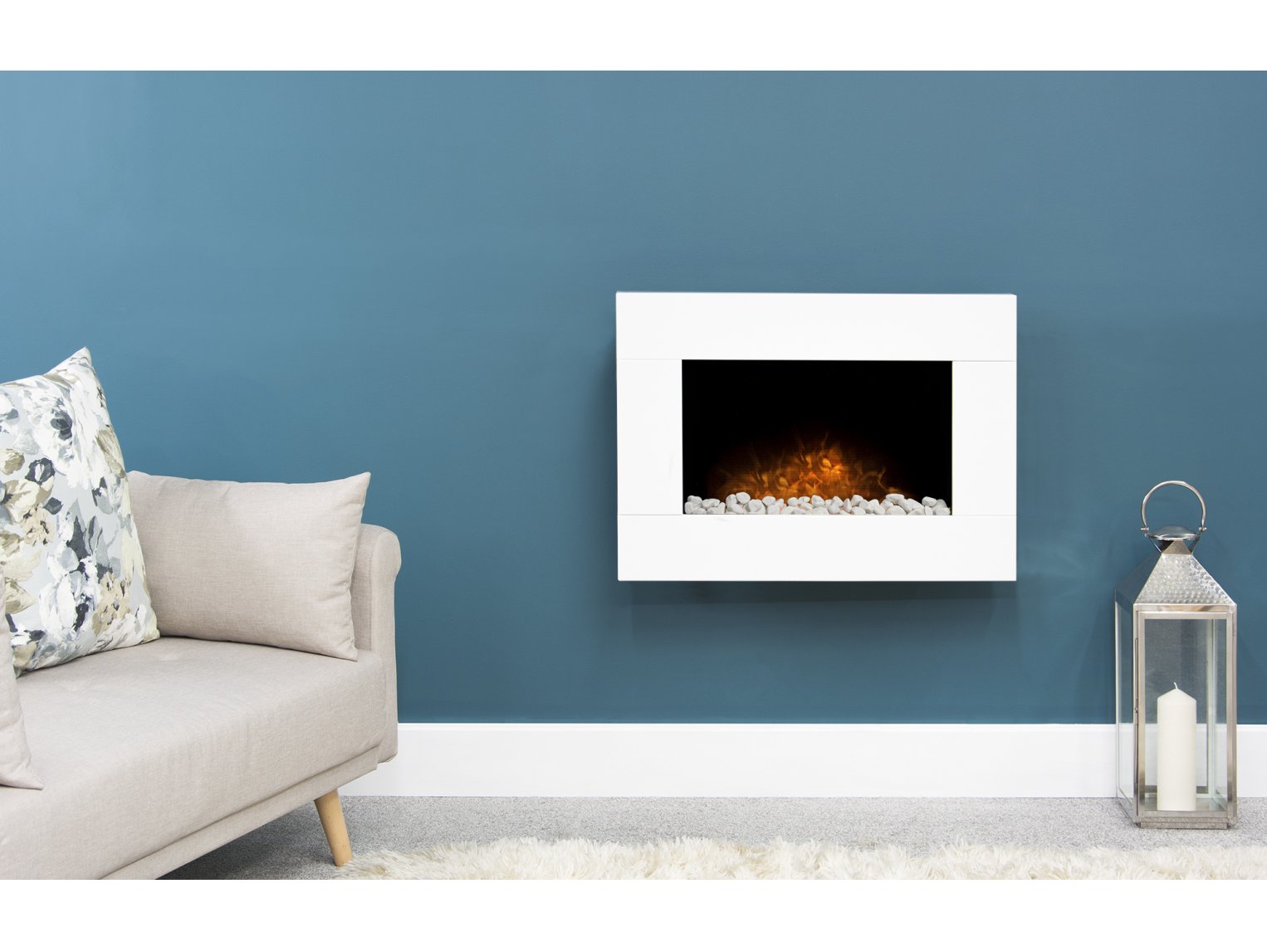 Adam Carina Electric Wall Mounted Fire + Pebbles & Remote Control Pure White, 32"