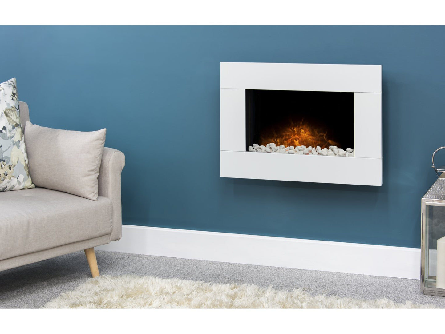 Adam Carina Electric Wall Mounted Fire + Pebbles & Remote Control Pure White, 32"