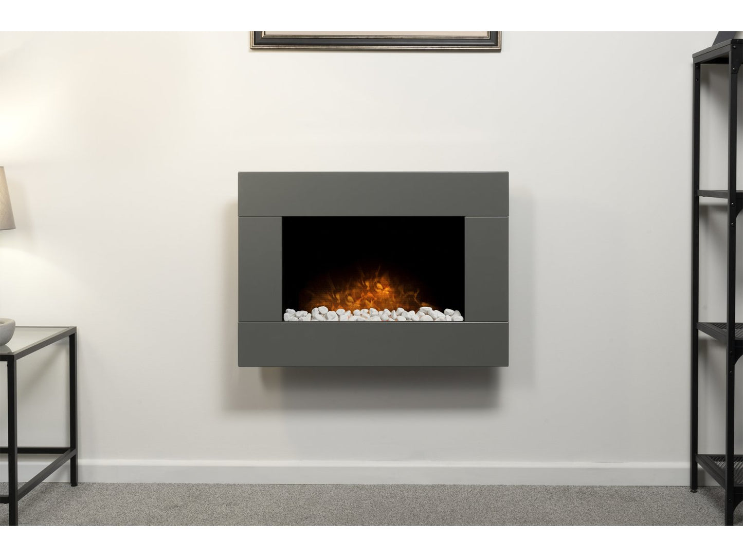 Adam Carina Electric Wall Mounted Fire + Pebbles & Remote Control Satin Grey, 32"