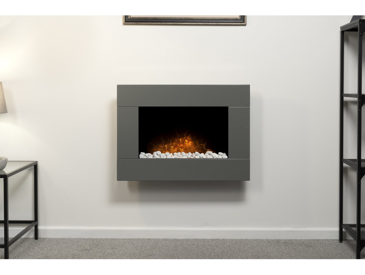 Adam Carina Electric Wall Mounted Fire + Pebbles & Remote Control Satin Grey, 32"