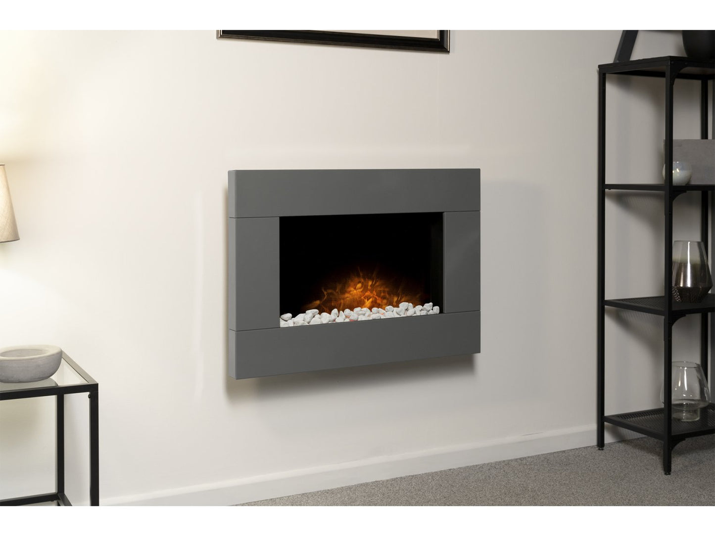 Adam Carina Electric Wall Mounted Fire + Pebbles & Remote Control Satin Grey, 32"