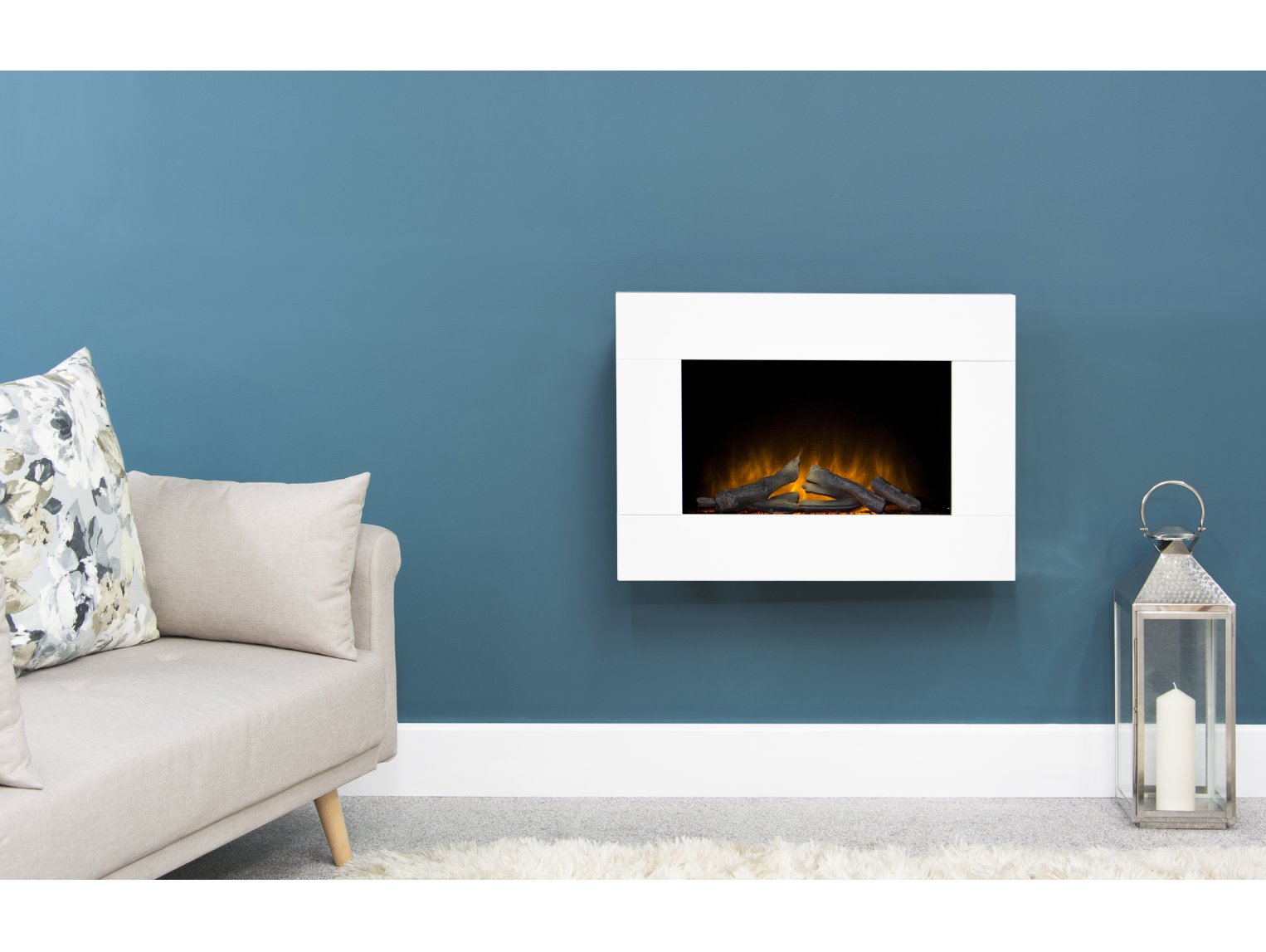 Adam Carina Electric Wall Mounted Fire + Logs & Remote Control Pure White, 32"