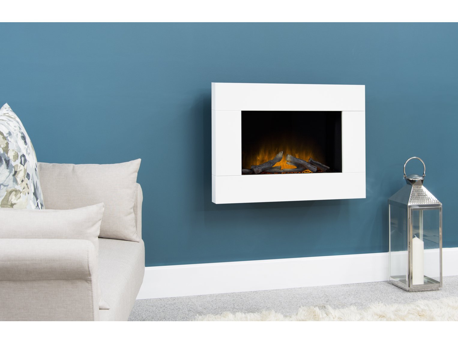 Adam Carina Electric Wall Mounted Fire + Logs & Remote Control Pure White, 32"