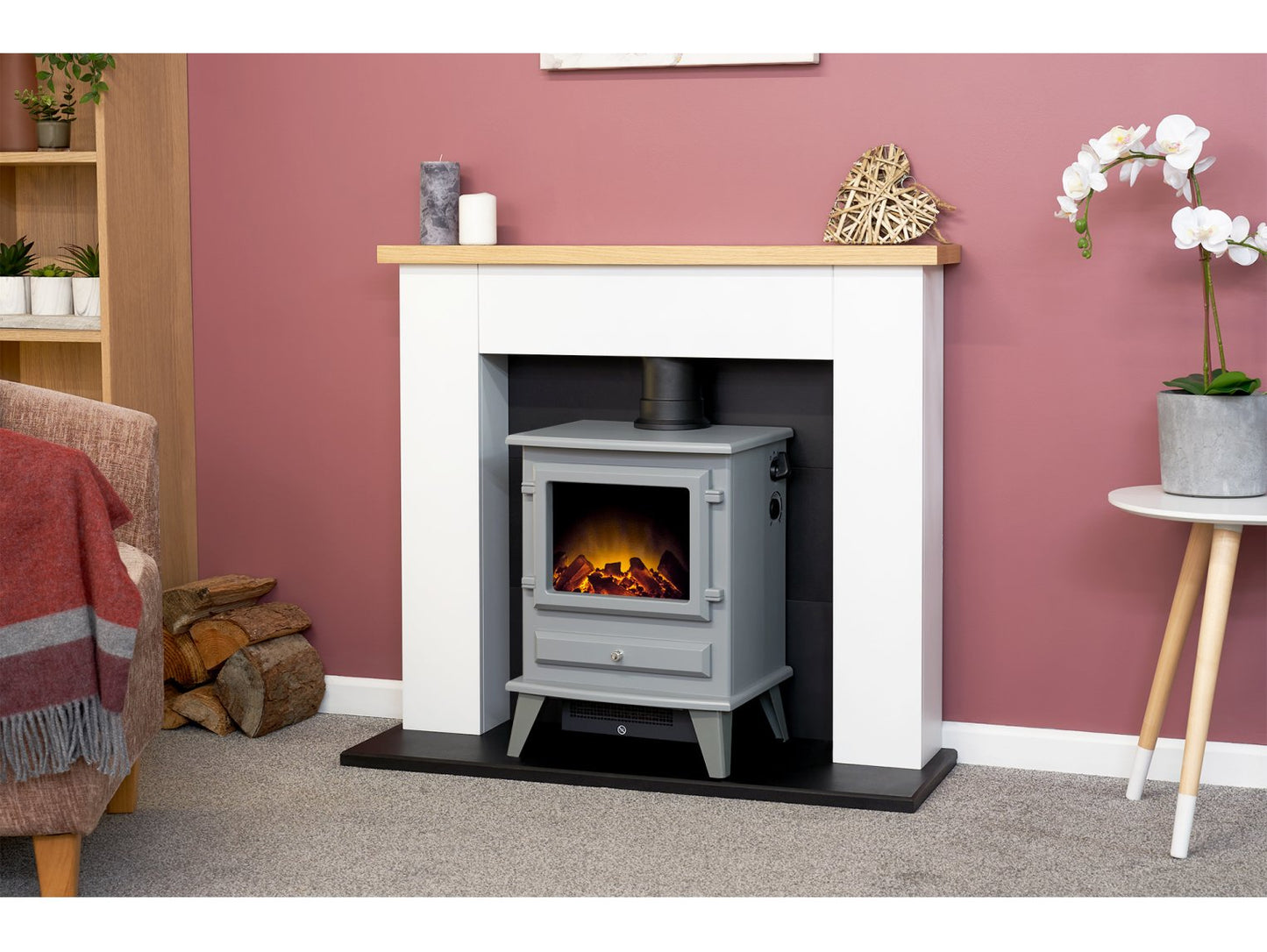 Adam Chester Fireplace Pure White + Hudson Electric Stove Grey, 39"