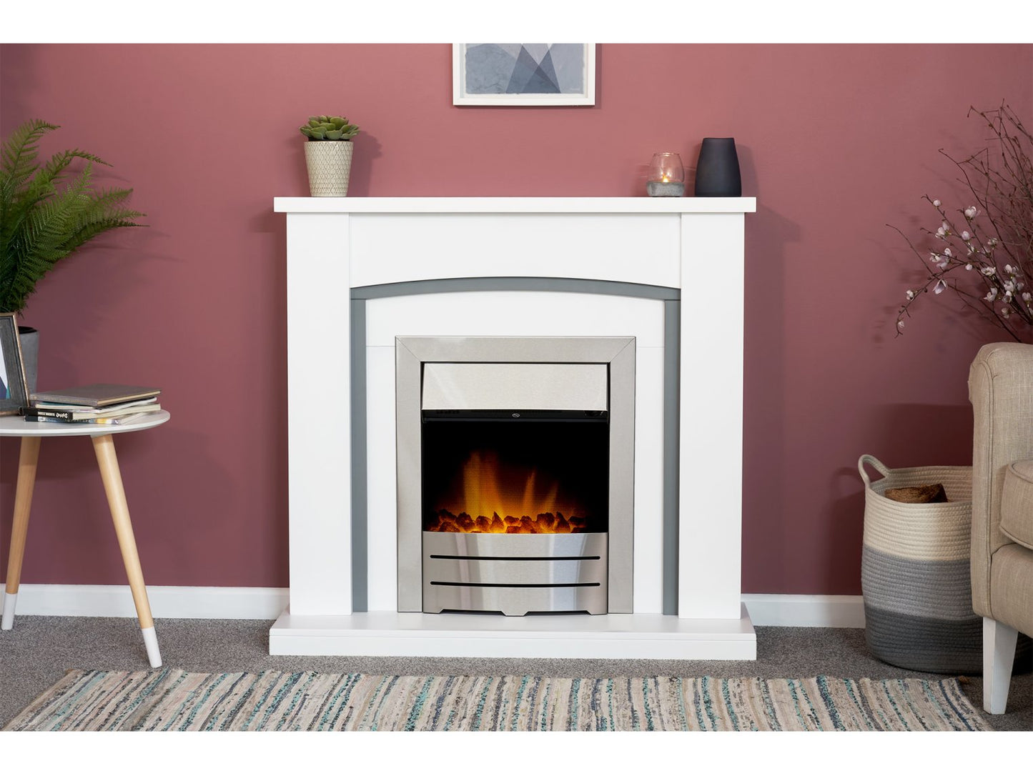 Adam Chilton Fireplace Pure White & Grey + Colorado Electric Fire Brushed Steel, 39"