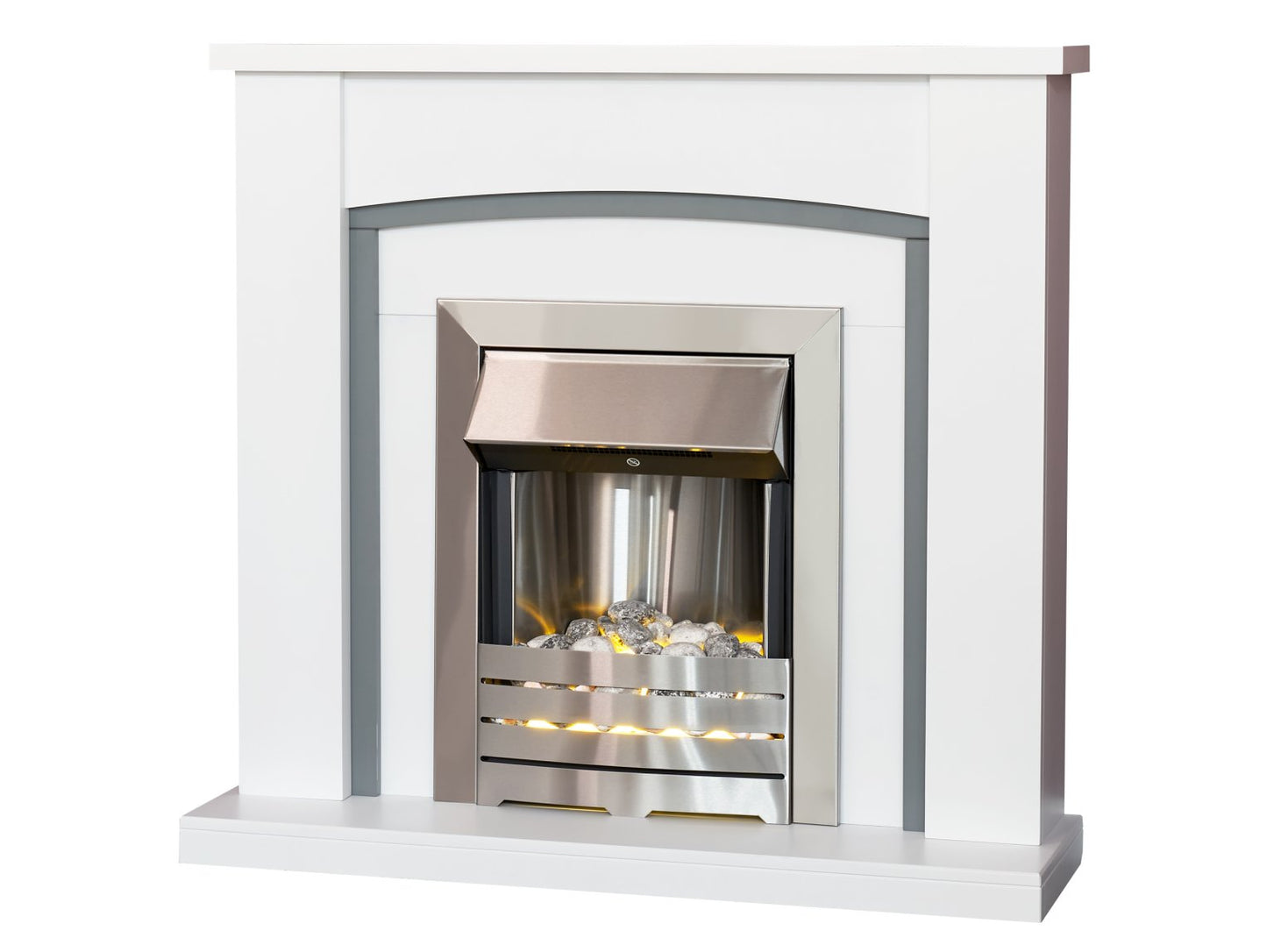 Adam Chilton Fireplace Pure White & Grey + Helios Electric Fire Brushed Steel, 39"