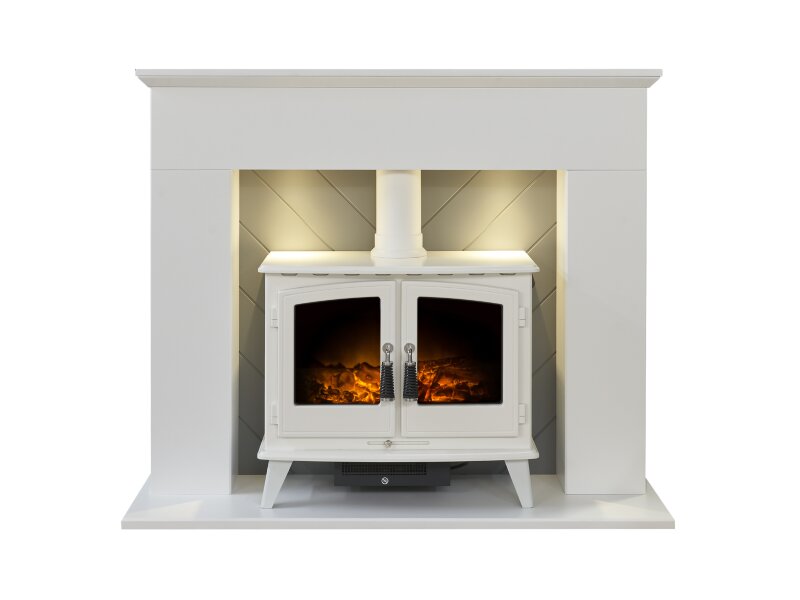 Adam Corinth Stove Fireplace in Pure White & Grey with Downlights & Woodhouse Electric Stove in Pure White, 48 Inch