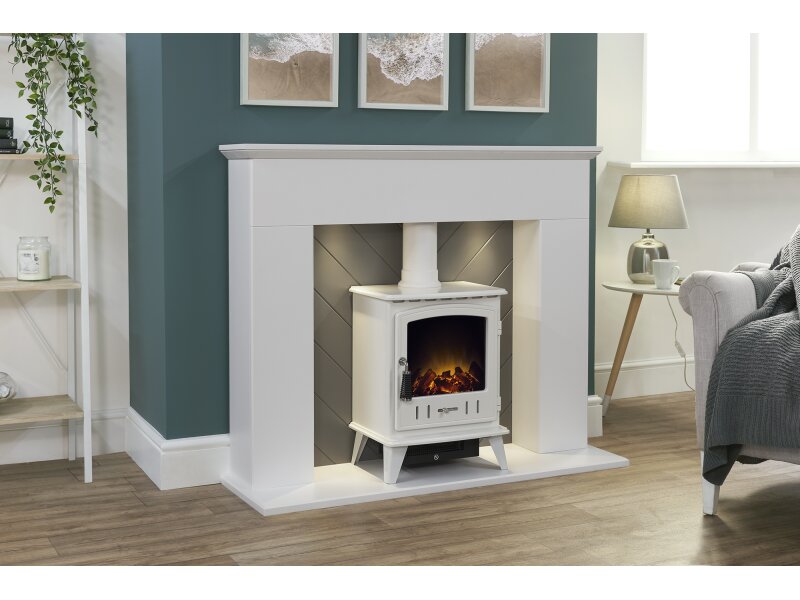 Adam Corinth Stove Fireplace in Pure White & Grey with Downlights & Aviemore Electric Stove in White, 48 Inch