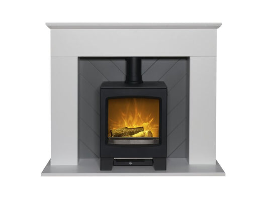 Adam Corinth Stove Fireplace in Pure White & Grey with Downlights & Lunar Electric Stove in Charcoal Grey, 48 Inch
