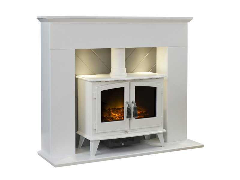Adam Corinth Stove Fireplace in Pure White & Grey with Downlights & Woodhouse Electric Stove in Pure White, 48 Inch