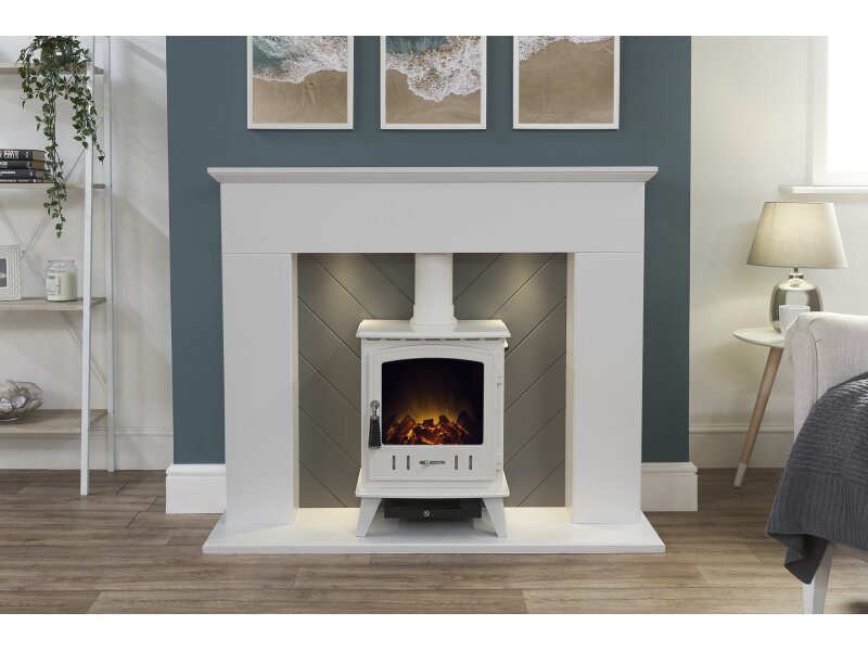 Adam Corinth Stove Fireplace in Pure White & Grey with Downlights & Aviemore Electric Stove in White, 48 Inch