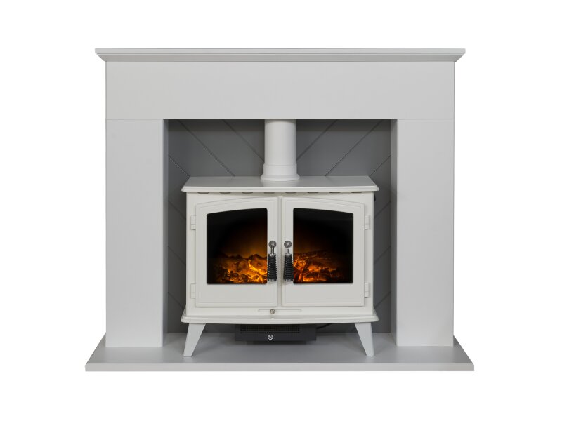 Adam Corinth Stove Fireplace in Pure White & Grey with Downlights & Woodhouse Electric Stove in Pure White, 48 Inch