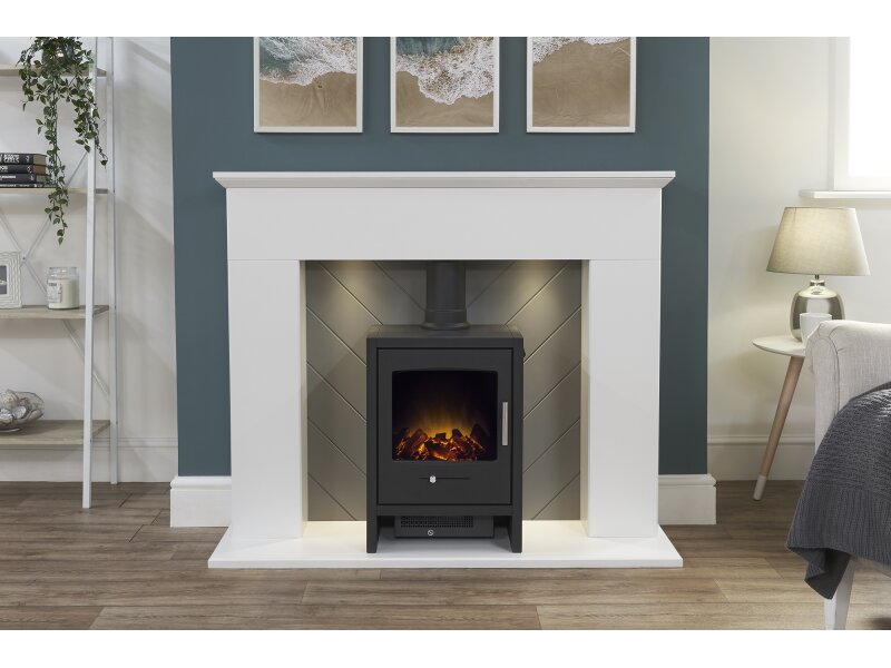 Adam Corinth Stove Fireplace in Pure White & Grey with Downlights & Bergen Electric Stove in Charcoal Grey, 48 Inch