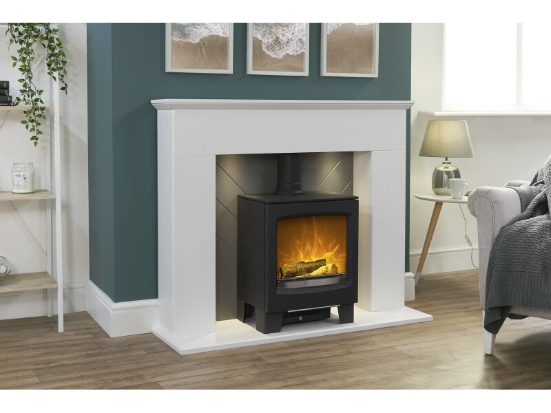 Adam Corinth Stove Fireplace in Pure White & Grey with Downlights & Lunar Electric Stove in Charcoal Grey, 48 Inch