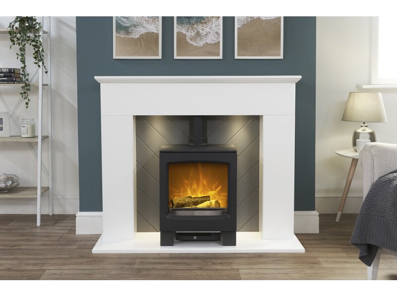 Adam Corinth Stove Fireplace in Pure White & Grey with Downlights & Lunar Electric Stove in Charcoal Grey, 48 Inch