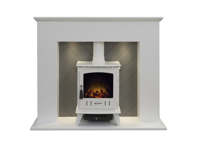 Adam Corinth Stove Fireplace in Pure White & Grey with Downlights & Aviemore Electric Stove in White, 48 Inch