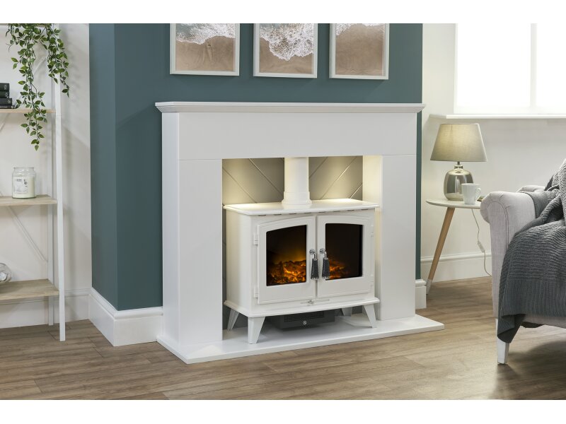 Adam Corinth Stove Fireplace in Pure White & Grey with Downlights & Woodhouse Electric Stove in Pure White, 48 Inch