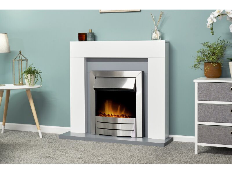 Adam Dakota Fireplace Pure White & Grey + Colorado Electric Fire Brushed Steel, 39"