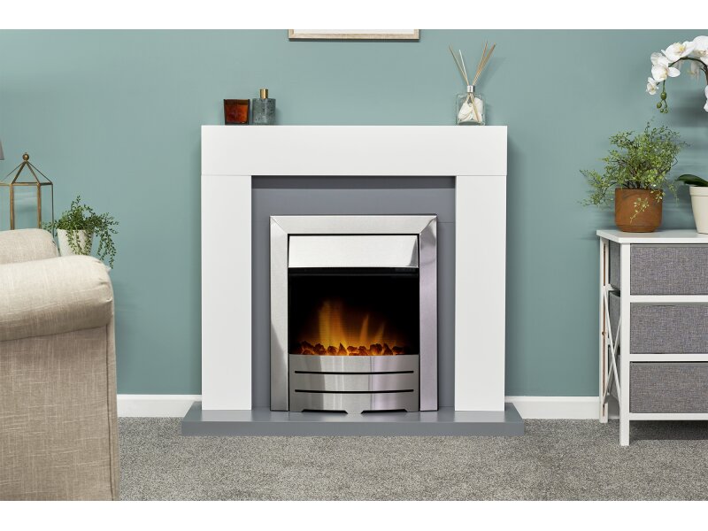 Adam Dakota Fireplace Pure White & Grey + Colorado Electric Fire Brushed Steel, 39"