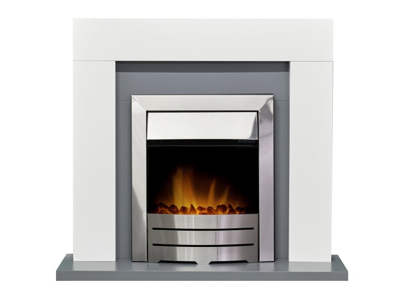Adam Dakota Fireplace Pure White & Grey + Colorado Electric Fire Brushed Steel, 39"