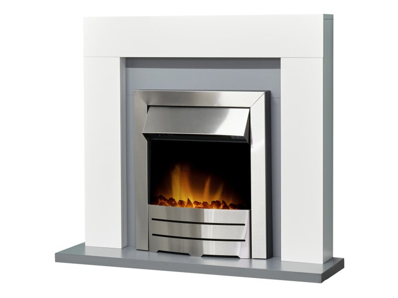 Adam Dakota Fireplace Pure White & Grey + Colorado Electric Fire Brushed Steel, 39"