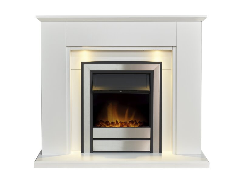 Adam Eltham Fireplace in Pure White with Downlights & Argo Electric Fire in Brushed Steel, 45 Inch