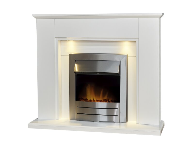 Adam Eltham Fireplace in Pure White with Downlights & Colorado Electric Fire in Brushed Steel, 45 Inch